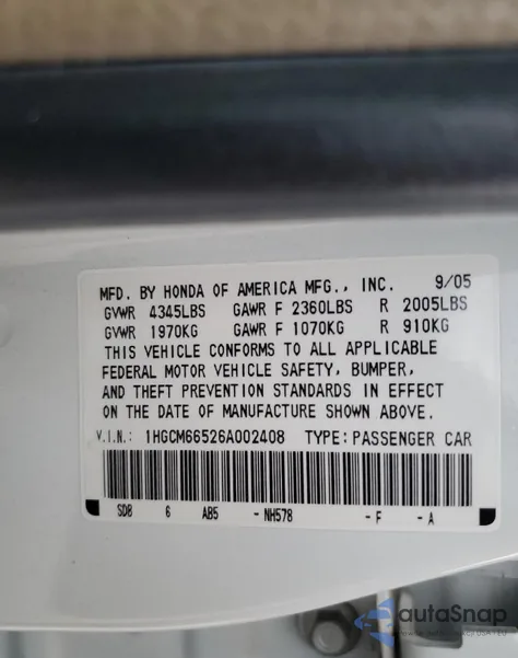 2006 Honda Accord Ex from USA, damaged, VIN 1HGCM66526A002408